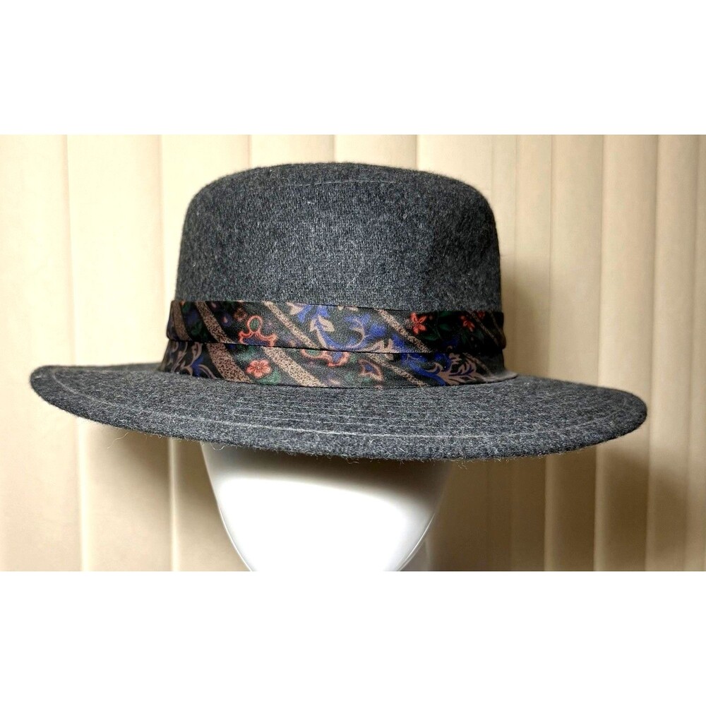 Vintage London Fog Gray Wide Brim Hat Large Floral Band USA Made Union Label